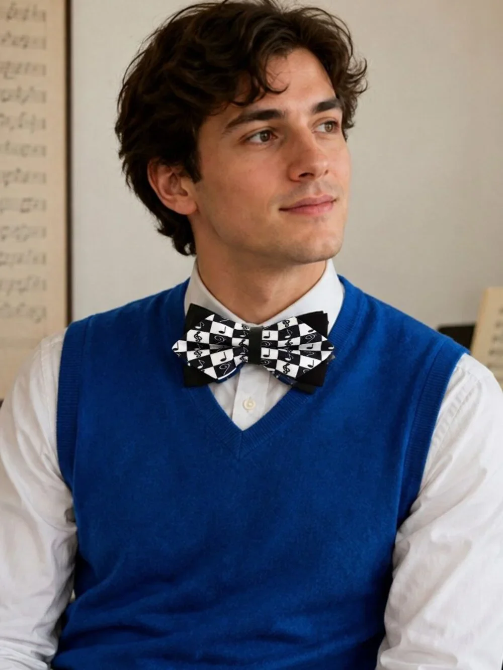Black White Music Note Bow Tie Checkerboard Adjustable Pre Tied Musician